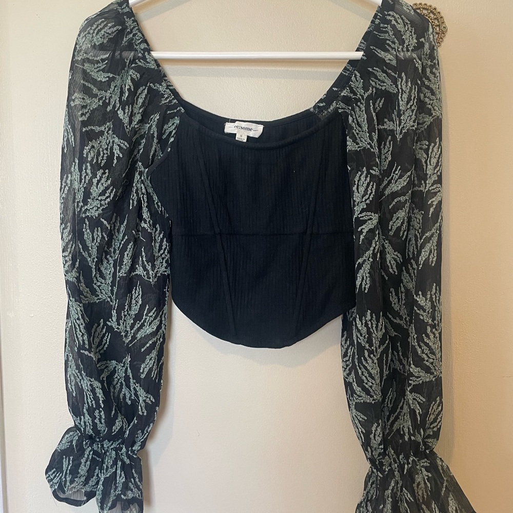 Corset Top with Sheer Printed Puff Sleeve